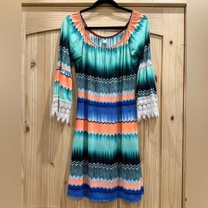 2B Together Boho Chevron Print Lace Bell Sleeve Mini Dress DENVER-314 Medium